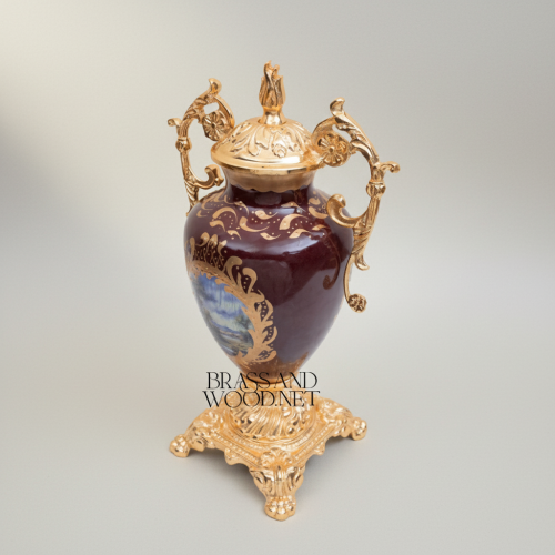 Rococo Hand-Painted Wine Ceramic and Brass Three-Piece Garniture Set with Oval Plate Stand Floral Motif Gold Front | Brass & Wood