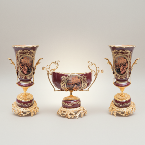 Rococo Hand-Painted Wine Ceramic Three-Piece Garniture Set with Brass Mounts and Scenic Cartouche Medallions Gold Front | Brass & Wood
