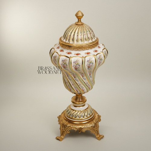 Rococo Hand-Painted Ceramic Lidded Urn Floral Bouquets Twisted Ribs Brass Mounts Brass and Wood Gold Front | Brass & Wood
