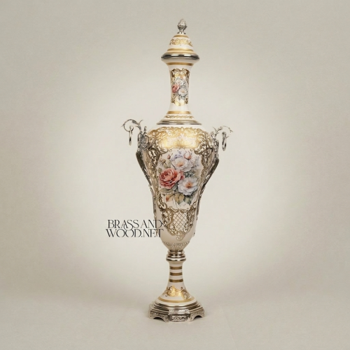 مزهرية كلاسيكية بغطاء على الطراز الروكوكو من السيراميك المرسوم يدوياً بحوامل نحاسية وزخارف الورود