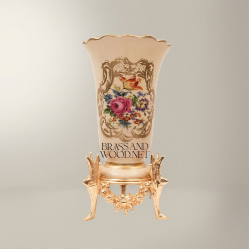 Rococo Hand-Painted Ceramic Trumpet Vase with Floral Bouquet & Ornate Brass Stand
