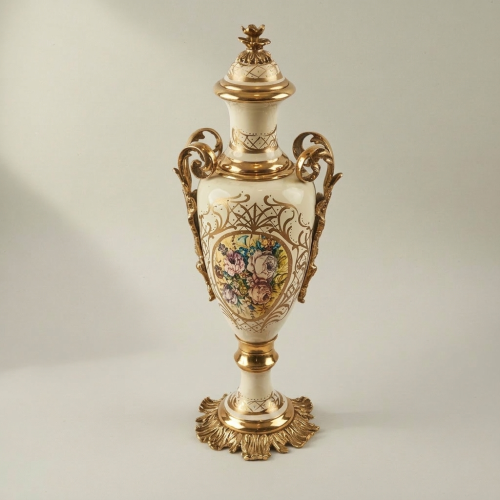 Rococo Hand-Painted Ceramic Urn & Centrepiece Set – Floral Medallion with Acanthus Brass Mounts