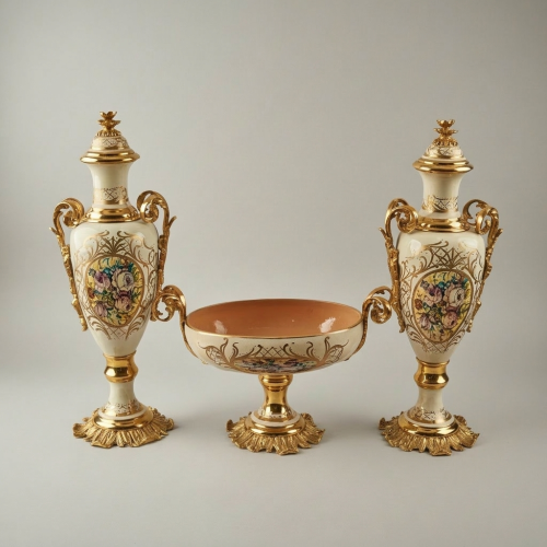 Rococo Hand-Painted Ceramic Urn & Centrepiece Set – Floral Medallion with Acanthus Brass Mounts