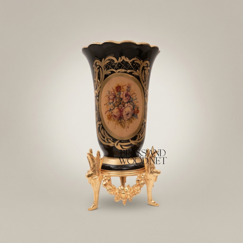 Rococo Hand-Painted Cobalt Ceramic Vase on Ornate Brass Stand with Floral Medallion