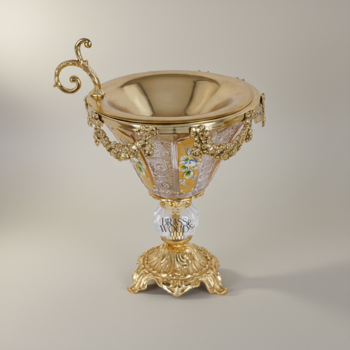 Rococo Hand-Painted Crystal Incense Burner with Floral Swag & Ornate Brass Pedestal