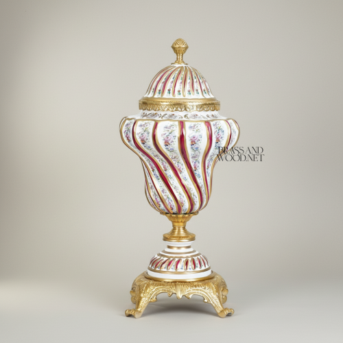 Rococo Hand-Painted Porcelain Lidded Urn with Spiral Crimson Floral Decoration and Ornate Brass Base — Brass & Wood Gold Front | Brass & Wood