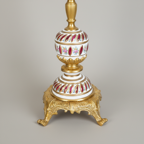 Rococo Hand-Painted Porcelain Lidded Urn with Spiral Crimson Floral Decoration and Ornate Brass Base — Brass & Wood Gold Front | Brass & Wood