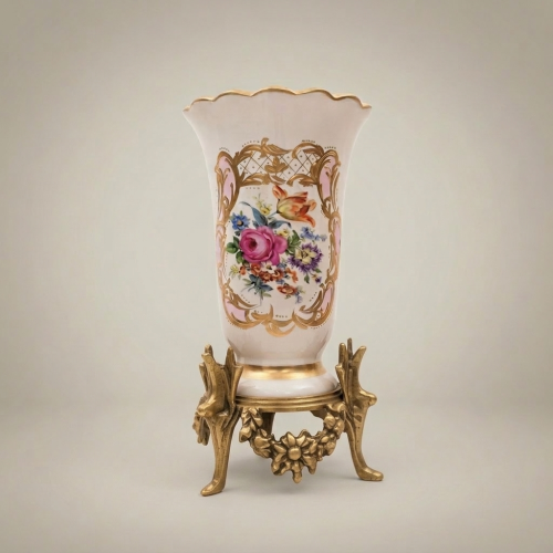 Rococo Hand-Painted Porcelain Trumpet Vase Ornate Brass Four-Leg Stand Floral Bouquet Cartouche Brass and Wood Gold Front | Brass & Wood