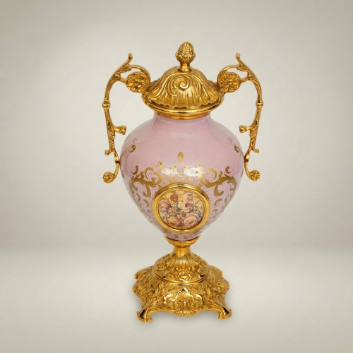 Rococo Lidded Ceramic Urn Vase with Ornate Brass Mounts and Hand-Painted Floral Medallion Pink Gold Front | Brass & Wood