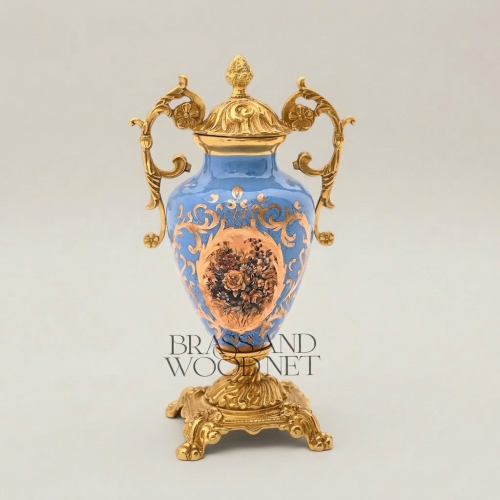 Rococo Blue Ceramic Lidded Urn Vase with Gilt Brass Scrollwork Handles and Hand-Painted Floral Cartouche Gold Front | Brass & Wood
