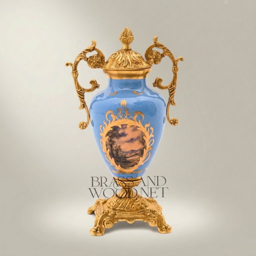 Rococo Blue Ceramic Lidded Urn Vase with Gilt Brass Scrollwork Handles and Hand-Painted Floral Cartouche Gold Front | Brass & Wood