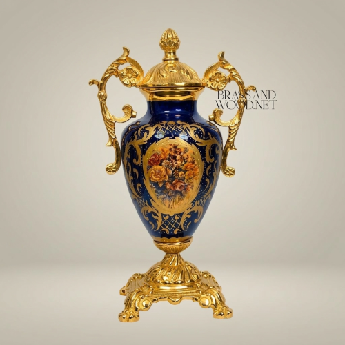 Rococo Lidded Urn Vase - Navy Blue Ceramic with Ornate Brass Mounts & Floral Medallion
