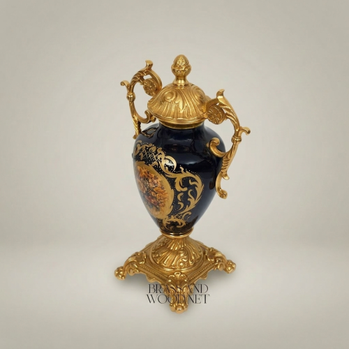 Rococo Lidded Urn Vase - Navy Blue Ceramic with Ornate Brass Mounts & Floral Medallion