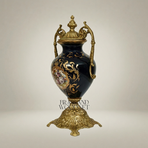 Rococo Lidded Ceramic Urn Vase Navy Blue Arabesque Scrollwork Hand-Painted Floral Medallion Brass Mounts Brass and Wood Gold Front | Brass & Wood