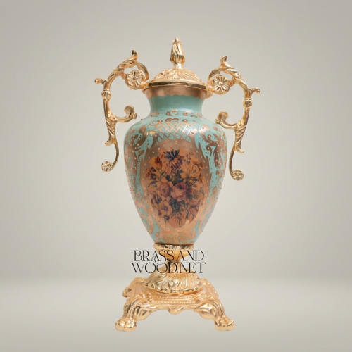 Rococo Lidded Urn Vase Turquoise Ceramic Scrolled Brass Handles Floral Medallion Brass and Wood Gold Front | Brass & Wood