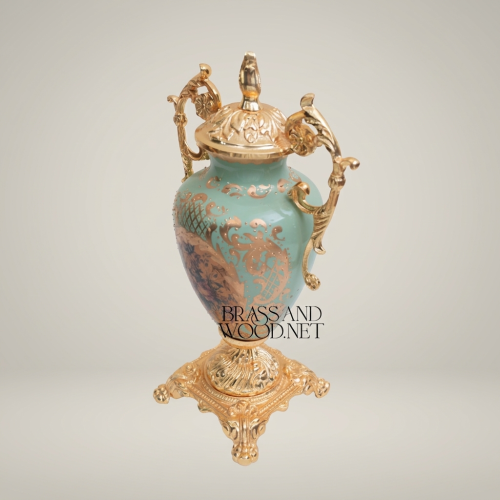 Rococo Lidded Urn Vase Turquoise Ceramic Scrolled Brass Handles Floral Medallion Brass and Wood Gold Front | Brass & Wood