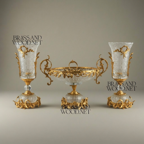 Rococo Ormolu-Mounted Cut Crystal Garniture Set — Acanthus Scroll Centrepiece & Vase Pair