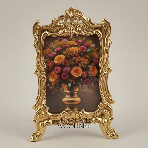 Rococo Heavily Ornate Metal Photo Frame Cabriole Feet Pierced Crown Brass and Wood Gold Front | Brass & Wood