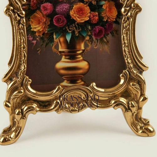 Rococo Heavily Ornate Metal Photo Frame Cabriole Feet Pierced Crown Brass and Wood Gold Front | Brass & Wood