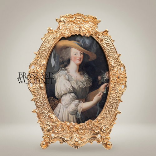 Rococo Oval Brass Photo Frame with Floral Cartouche Crest & Easel Stand