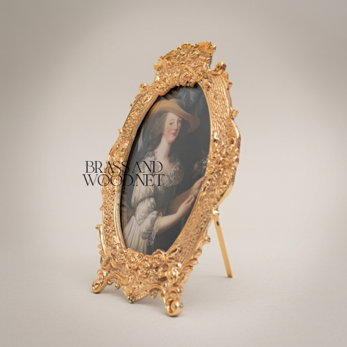 Rococo Oval Brass Photo Frame with Floral Cartouche Crest & Easel Stand