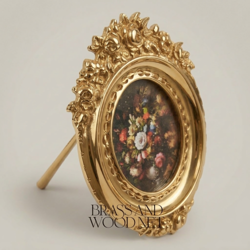 Rococo Oval Brass Photo Frame with Rose & Acanthus Crown Relief
