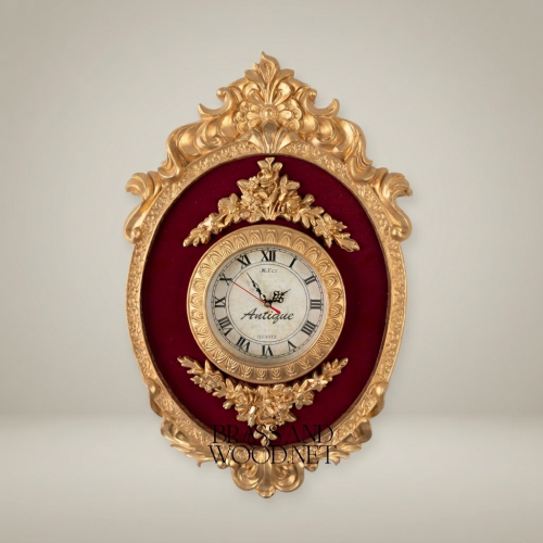 Rococo Oval Cartel Wall Clock with Crimson Velvet Panel & Floral Crest