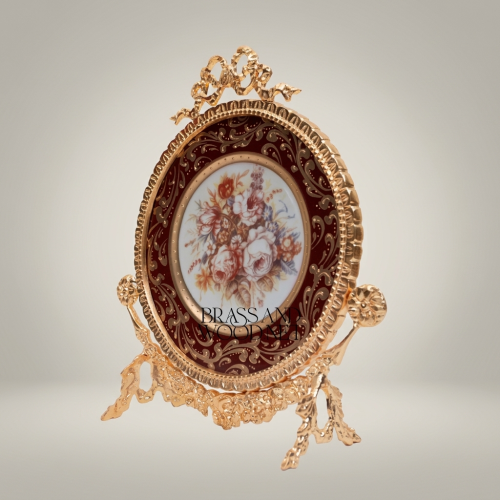 Rococo Oval Decorative Display Plate on Brass Stand - Floral Bouquet Centre
