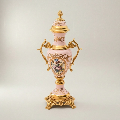 Rococo Pink Porcelain and Brass 3-Piece Garniture Set Hand-Painted Floral Medallions Scrollwork Mounts Gold Front | Brass & Wood