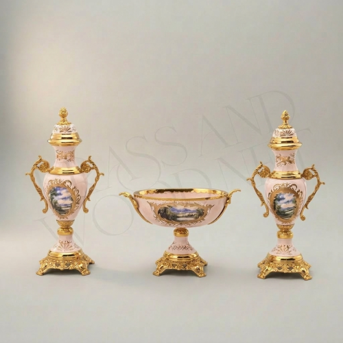 Rococo Pink Porcelain and Brass 3-Piece Garniture Set Hand-Painted Floral Medallions Scrollwork Mounts Gold Front | Brass & Wood