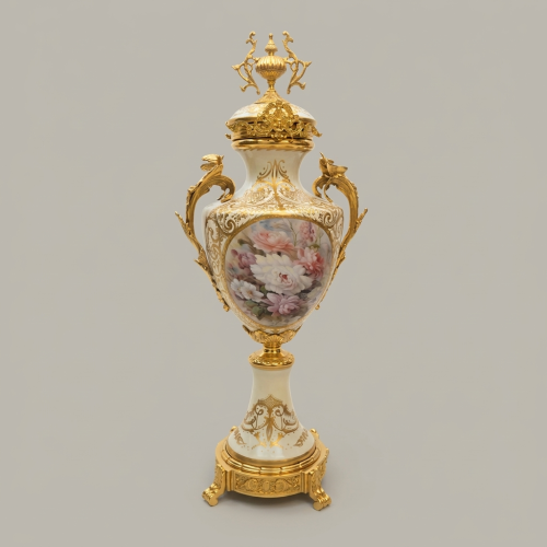 مزهرية إمبراطورية من البورسلان والنحاس بغطاء - لوحة زهور مرسومة يدوياً