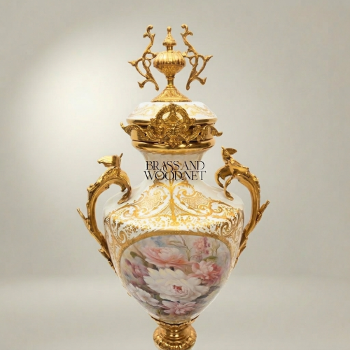 مزهرية إمبراطورية من البورسلان والنحاس بغطاء - لوحة زهور مرسومة يدوياً