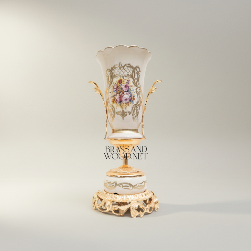 Rococo Hand-Painted Porcelain and Brass Vase Centerpiece Bowl Set Floral Cartouche Gold Front | Brass & Wood