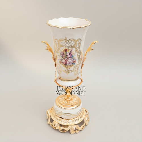 Rococo Hand-Painted Porcelain and Brass Vase Centerpiece Bowl Set Floral Cartouche Gold Front | Brass & Wood