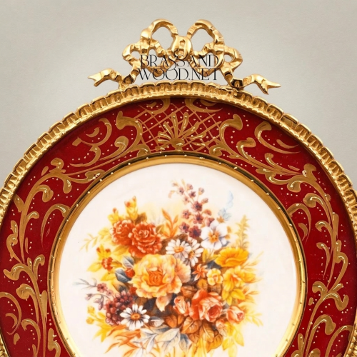 Rococo Porcelain Decorative Wall Plate — Crimson Floral Bouquet with Gilt Brass Mount