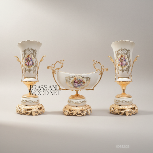 Rococo Hand-Painted Porcelain Vase and Centrepiece Set Ornate Brass Pedestal Floral Bouquet Brass and Wood Gold Front | Brass & Wood