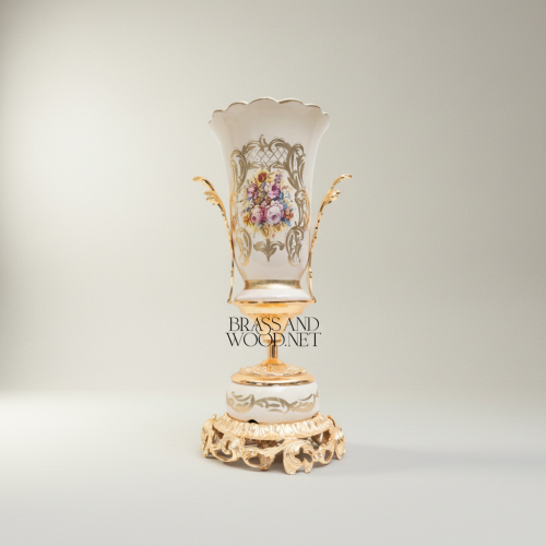 Rococo Hand-Painted Porcelain Vase and Centrepiece Set Ornate Brass Pedestal Floral Bouquet Brass and Wood Gold Front | Brass & Wood