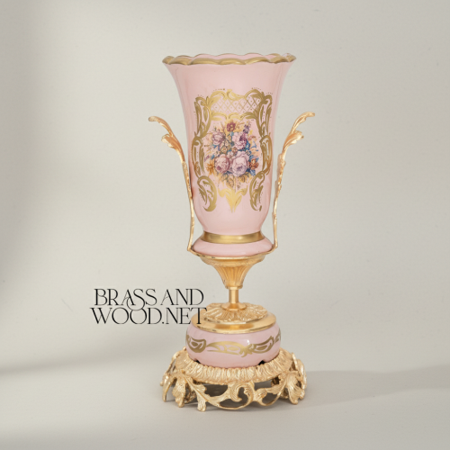 Rococo Pink Hand-Painted Porcelain Vase and Centrepiece Set with Ornate Brass Base – Brass and Wood Gold Front | Brass & Wood