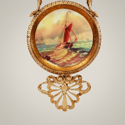 Rococo Revival Brass Wall Plaque with Hand-Painted Maritime Porcelain Medallion
