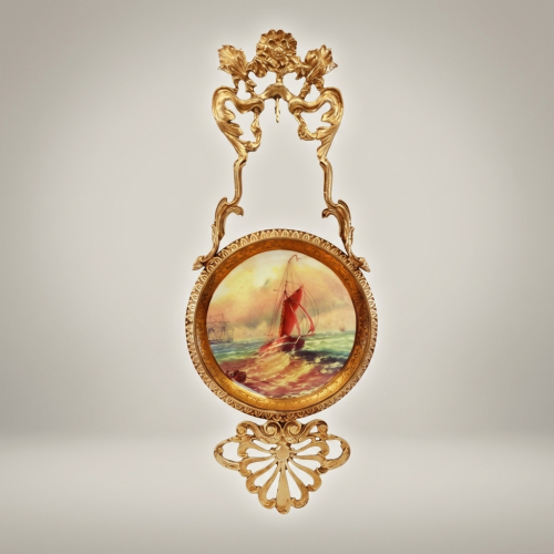 Rococo Revival Brass Wall Plaque with Hand-Painted Maritime Porcelain Medallion