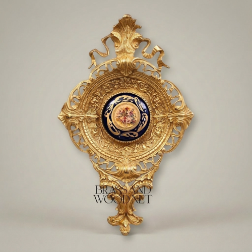 Rococo Revival Reticulated Brass Wall Medallion Cobalt Floral Porcelain Center Plaque Handcrafted Gold Front | Brass & Wood