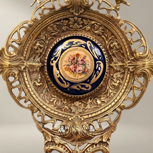 Rococo Revival Reticulated Brass Wall Medallion Cobalt Floral Porcelain Center Plaque Handcrafted Gold Front | Brass & Wood