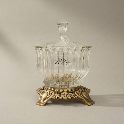Rococo Ribbed Glass Bonbonniere with Ornate Brass Base