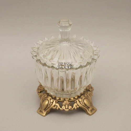 Rococo Ribbed Glass Bonbonniere with Ornate Brass Base
