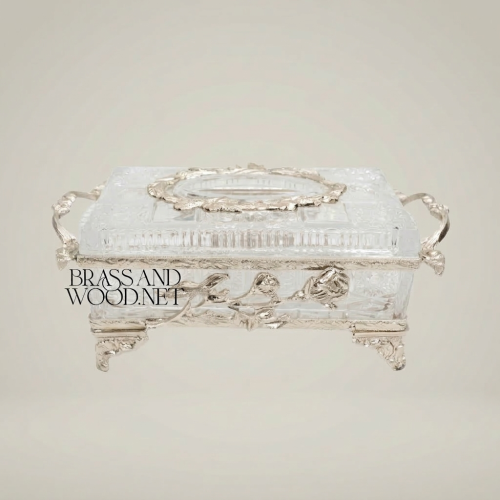 Rococo Rose-Relief Crystal Tissue Box Holder with Ornate Metal Frame and Scroll Feet - Brass & Wood silver Front | Brass & Wood