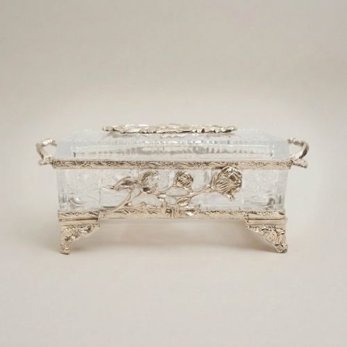 Rococo Rose-Relief Crystal Tissue Box Holder with Ornate Metal Frame and Scroll Feet - Brass & Wood silver Front | Brass & Wood