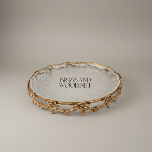Rococo Round Cut-Glass Dish with Floral Brass Garland Frame