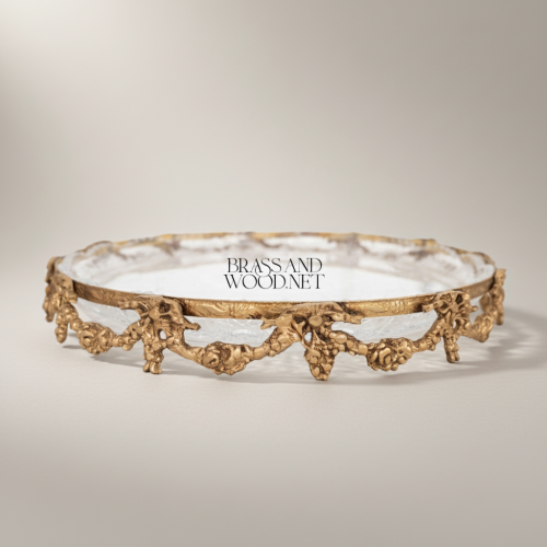 Rococo Round Cut-Glass Dish with Floral Brass Garland Frame