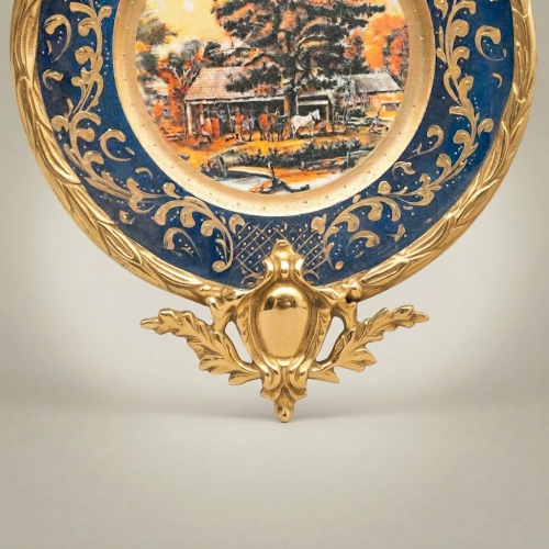 Rococo Scenic Porcelain Wall Plate with Gilt Bronze Acanthus Mount