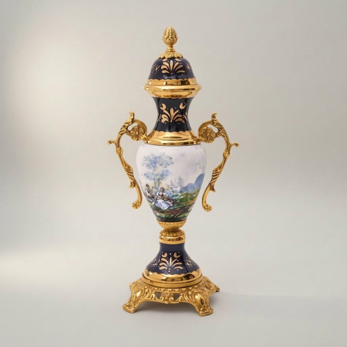 Rococo Sèvres-Style Ceramic & Brass Vase Garniture Set – Hand-Painted Pastoral Scenes